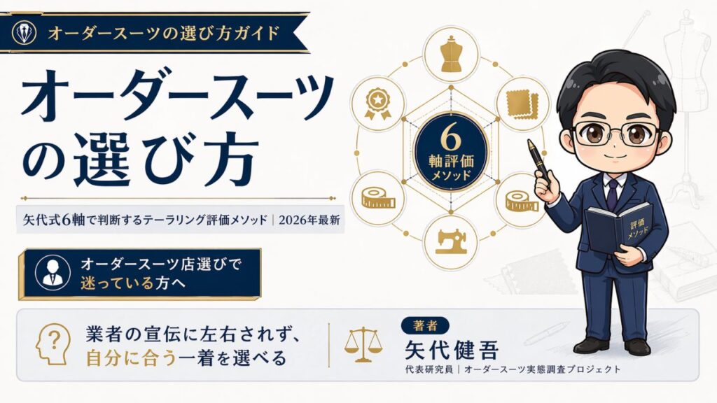 オーダースーツの選び方を解説したインフォグラフィック｜矢代式6軸評価メソッドで業者の宣伝に左右されず判断