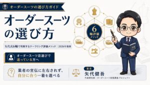 オーダースーツの選び方を解説したインフォグラフィック｜矢代式6軸評価メソッドで業者の宣伝に左右されず判断