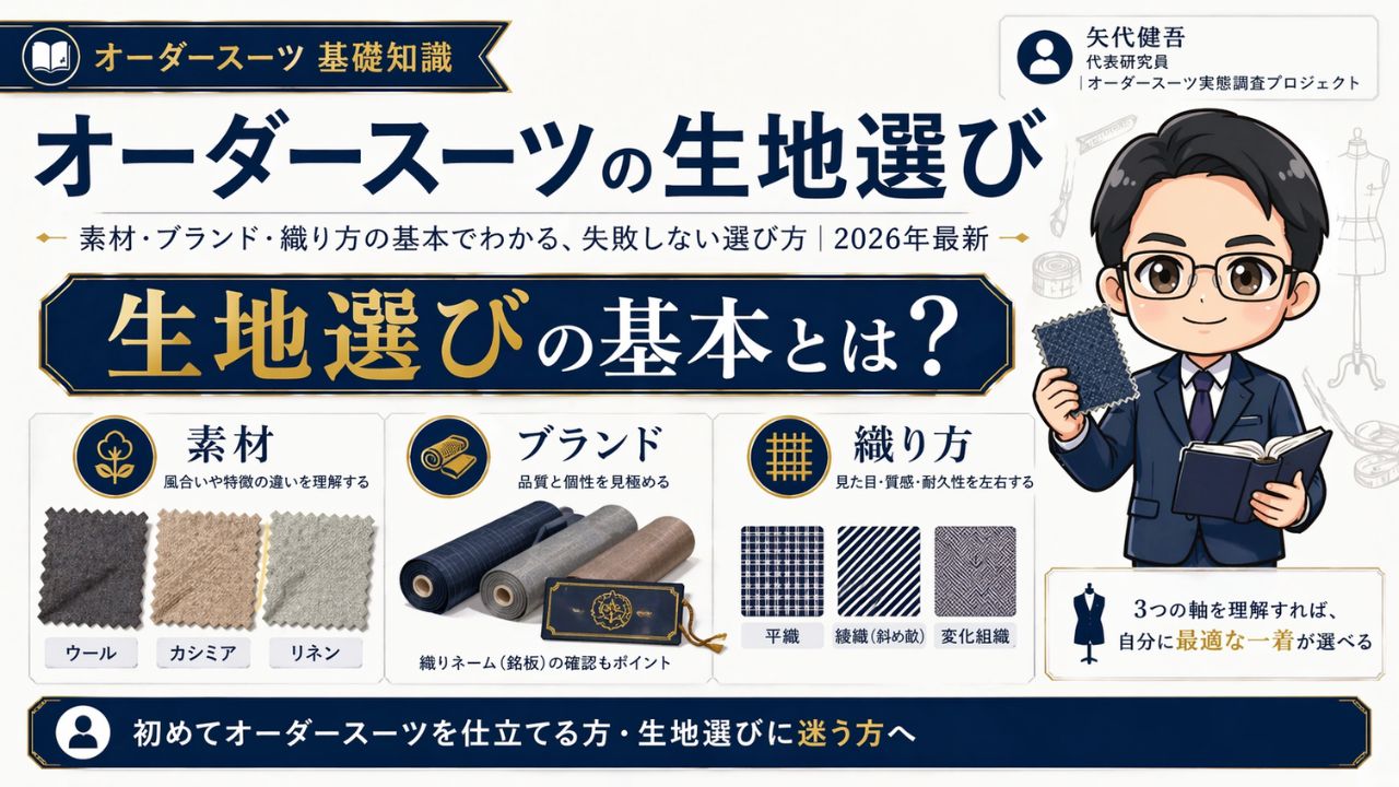 オーダースーツの生地選びを解説するインフォグラフィック｜素材・ブランド・織り方の基本を3本柱で整理