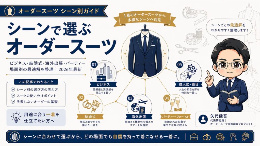 オーダースーツのシーン別選び方を解説するインフォグラフィック｜ビジネス・結婚式・海外出張・パーティーの最適解を整理