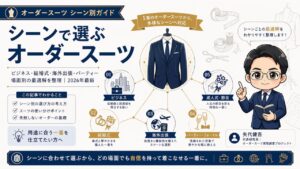 オーダースーツのシーン別選び方を解説するインフォグラフィック｜ビジネス・結婚式・海外出張・パーティーの最適解を整理