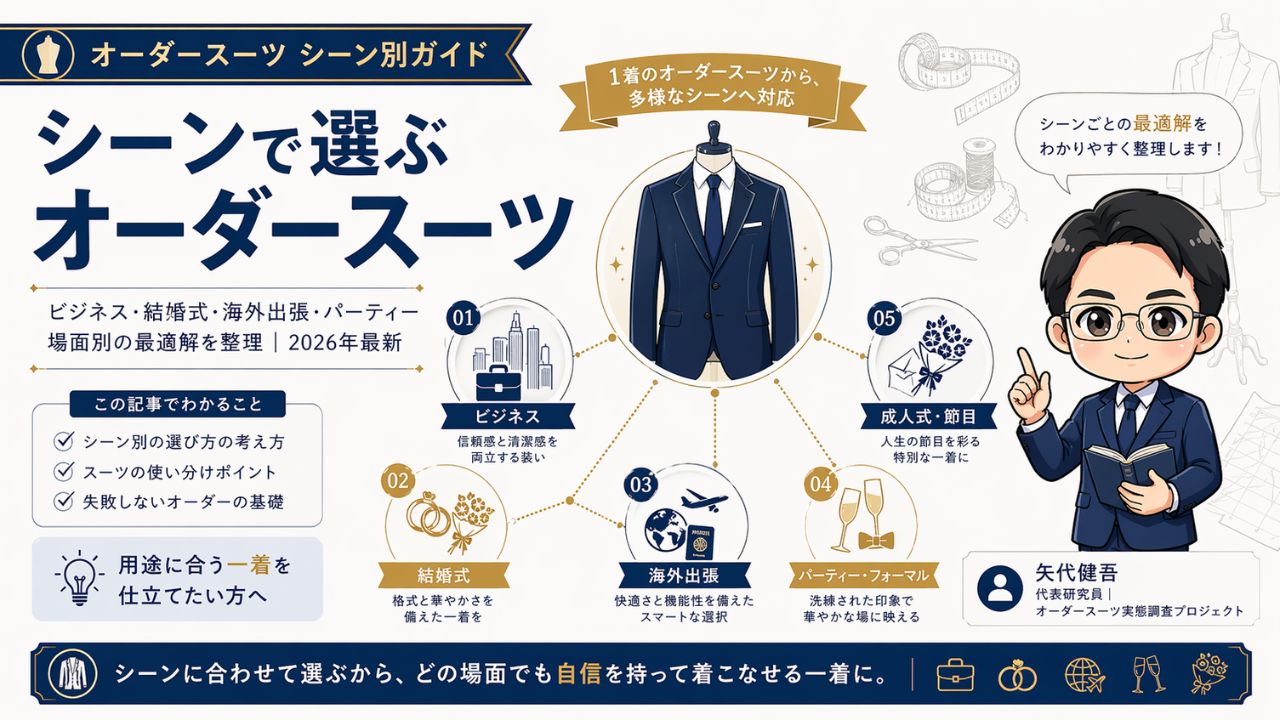 オーダースーツのシーン別選び方を解説するインフォグラフィック｜ビジネス・結婚式・海外出張・パーティーの最適解を整理