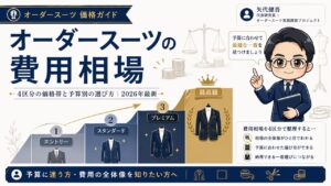 オーダースーツの費用相場を解説するインフォグラフィック｜4区分の価格帯と予算別の選び方