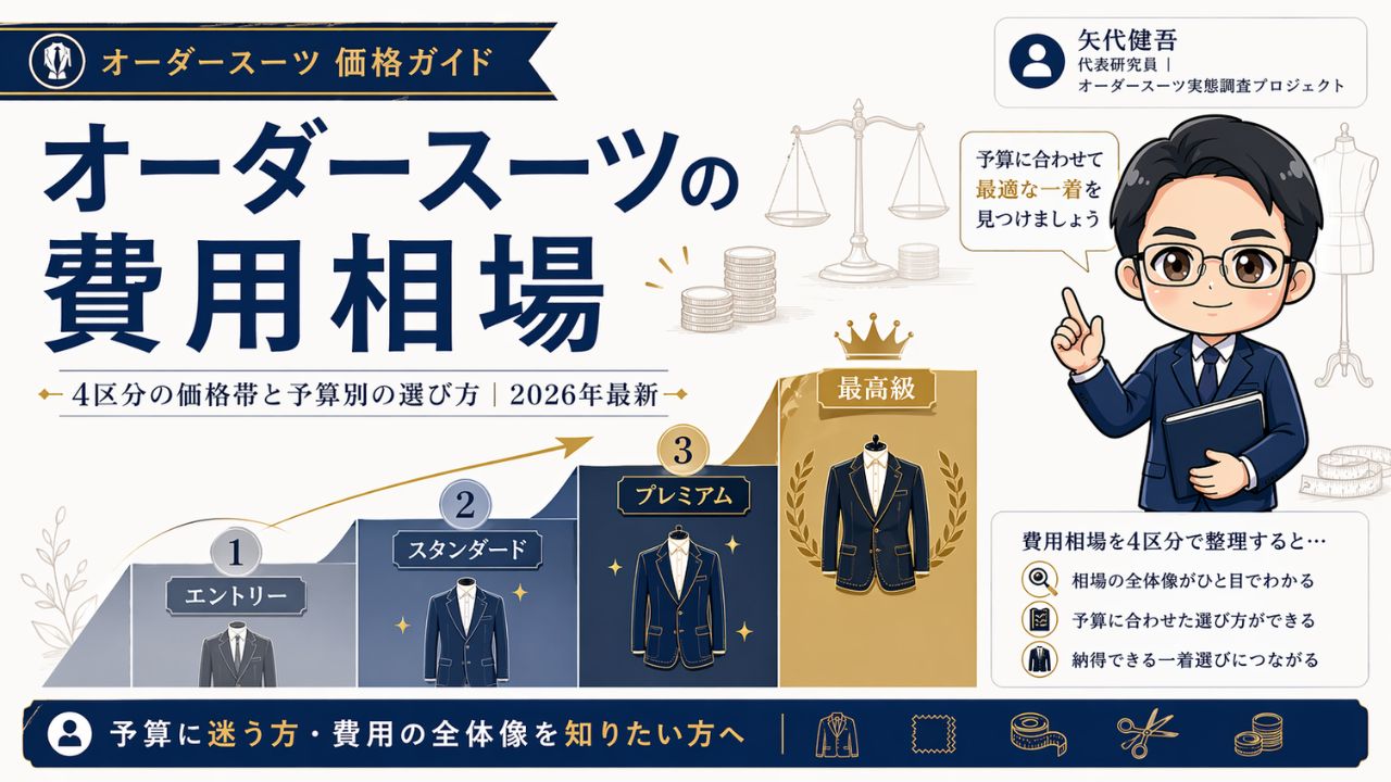 オーダースーツの費用相場を解説するインフォグラフィック｜4区分の価格帯と予算別の選び方