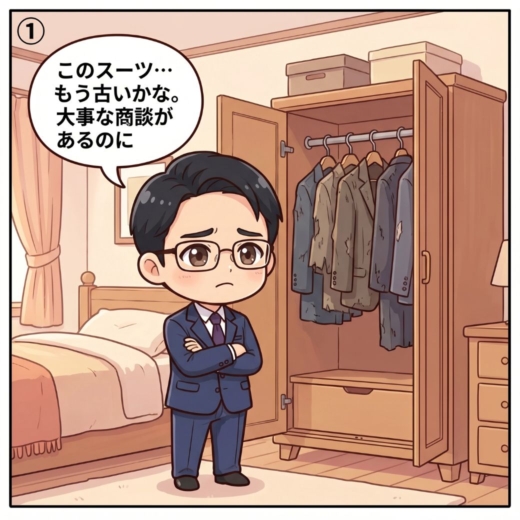 ビジネスマンがクローゼットの前で古いスーツを見て商談前に悩む漫画イラスト