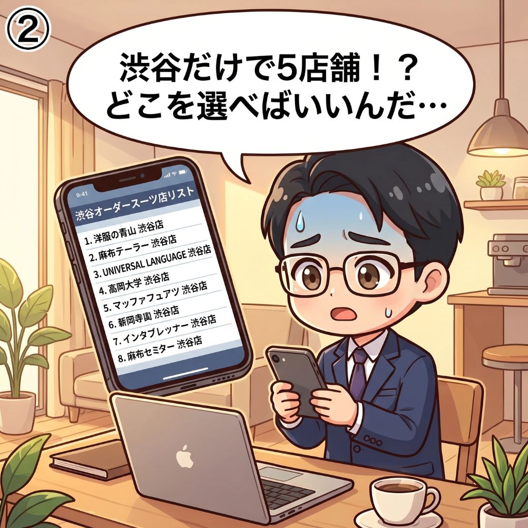 渋谷区のオーダースーツ店5店舗の多さにスマホを持ちながら驚くビジネスマンの漫画イラスト