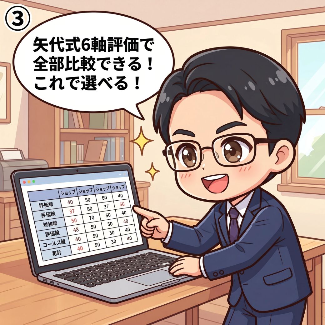 矢代式6軸評価メソッドの比較表をパソコン画面で発見し興奮するビジネスマンの漫画イラスト