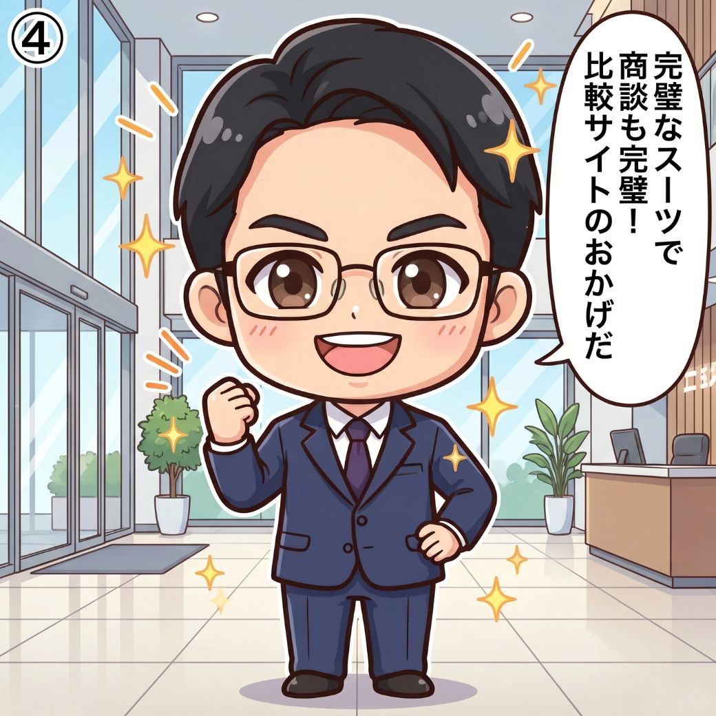 オーダースーツで自信を持って商談に向かうビジネスマンのガッツポーズ漫画イラスト