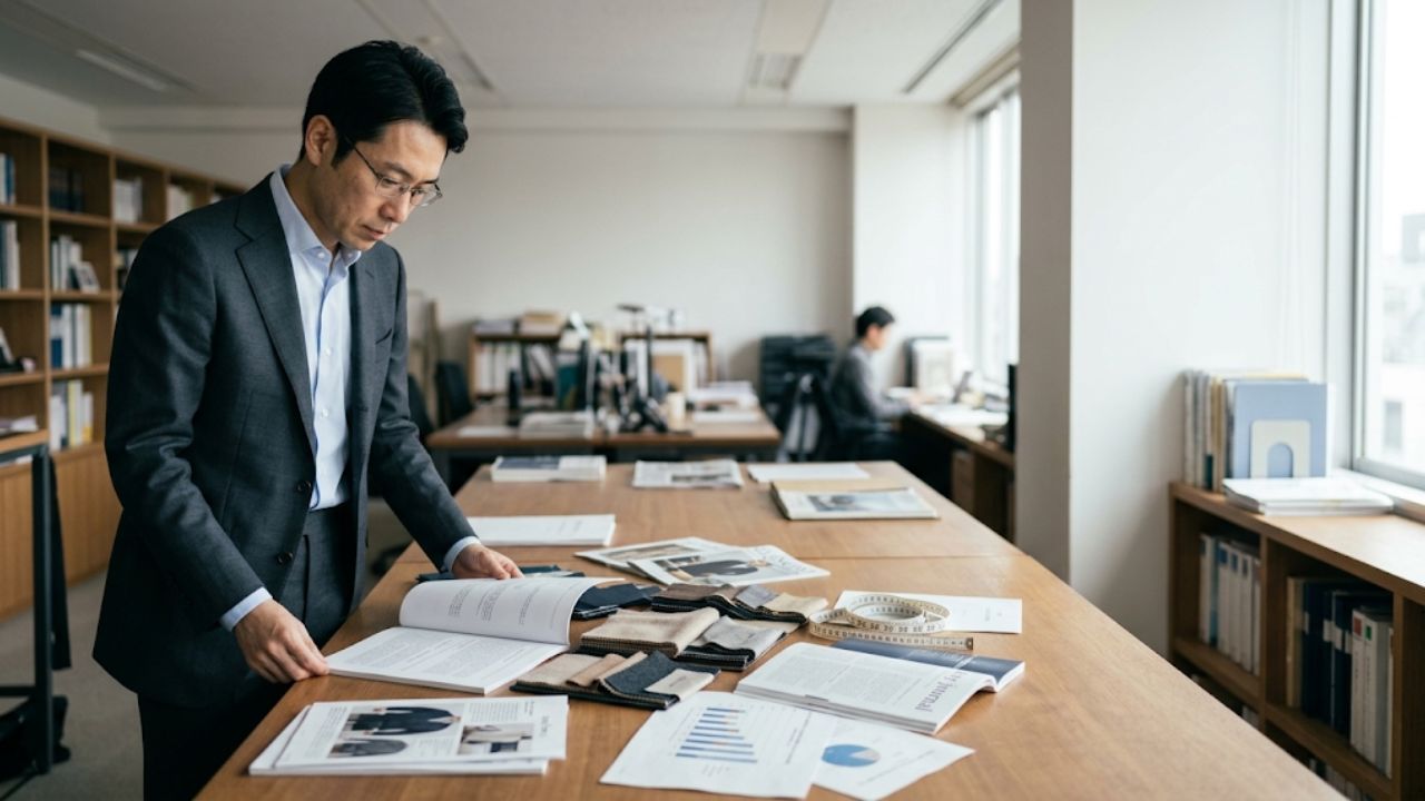 編集室で業界資料を確認する矢代健吾｜オーダースーツ実態調査プロジェクト 代表研究員